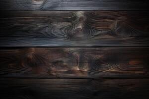 AI generated old grunge burned wooden board texture background top view, dark brown hardwood planks surface photo