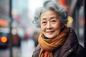 AI generated An elderly gray haired dreamily smiling woman in a gray jacket and scarf on a blurred background of a city street photo