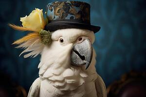 AI generated closeup portrait of a white parrot in luxury hat photo