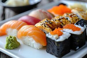 AI generated closeup assorted set of tasty appetizing sushi and roll with salmon and eel on white plate photo