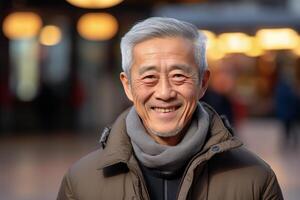 AI generated Portrait of an elderly Asian gray haired man smiling in a jacket and scarf on a blurred background of a public place photo