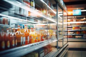 ai generado supermercado refrigerador con bebidas, estantería con alimento, selectivo enfocar, borroso antecedentes foto