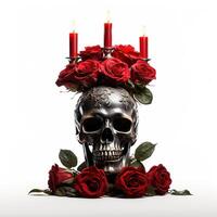 AI generated candle holder in the shape of a human skull with red roses and a burning candles isolated on white background photo