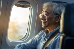 AI generated pensive elderly asian gray-haired man with glasses looks out the airplane window photo