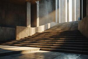 ai generado minimalista diseño de hormigón escalera iluminado por luz de sol desde encima foto