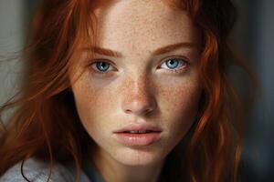 ai generado de cerca retrato de un joven encantador rojo pelo azul ojo mujer con pecas interior foto