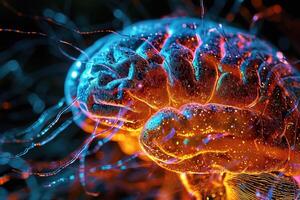 AI generated Illustration of a human brain glowing with orange neon on a black background. Creativity, science and mental health or disorders concept photo