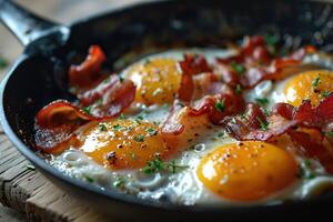 AI generated closeup of delicious breakfast fried eggs with bacon and herbs in a frying pan on wooden table photo