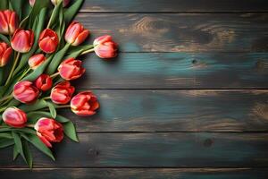 AI generated red tulips flowers frame on shabby painted wooden background top view, beautiful floral template with copy space photo