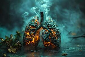 AI generated Abstract illustration of human lungs glowing orange and smoking among fallen leaves on a black background photo