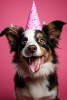 AI generated vertical image of cute fluffy dog in a festive hat smiling on a pink background. Birthday party of celebration concept photo