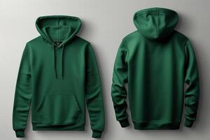 AI generated Back and front view of green sweatshirt with a hood blank mockup for fashion design photo