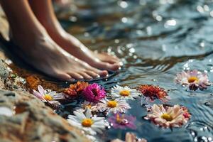 AI generated Flowers in a rippling stream with women's legs blurred in the background. Beauty spa health concept photo