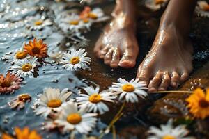 AI generated woman feet among flowers in a rippling. Spa beauty health concept photo