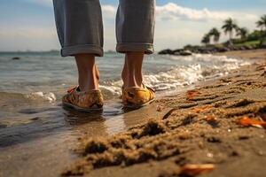 ai generado piernas de un hombre en pie en el navegar línea en el playa en contra un borroso antecedentes de un tropical paisaje foto