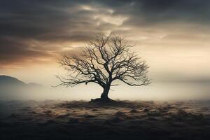 ai generado silueta de un solitario árbol con desnudo ramas en pie en un brumoso campo en nublado clima foto