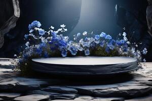 AI generated stone platform podium with little blue flowers on rock background, template for montage or product advertising presentation photo