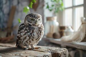 AI generated domestic owl on wooden table in room photo