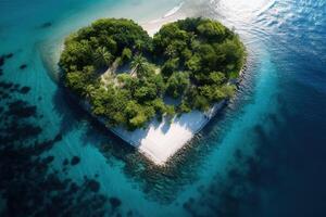 ai generado solitario tropical paraíso isla en corazón forma en el medio de el océano, aéreo ver foto