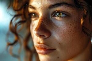 AI generated Close up portrait of a gorgeous green eyed young freckled brunette woman with curly hair photo