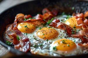 AI generated closeup of delicious breakfast fried eggs with bacon and herbs in a frying pan photo