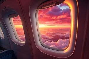 AI generated View from the window of an airplane flying in beautiful pink sunset clouds from the inside photo