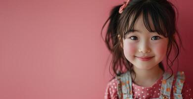 AI generated happy charming little asian brunette girl on pink background, closeup smiling face photo