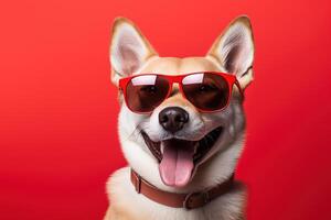AI generated cute happy dog wearing red sunglasses on a bright red background photo