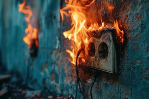 ai generado roto blanco enchufe ardiente en un azul pared. fuego alerta en un habitación. foto