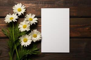 AI generated mockup white blank paper sheet with white daisies flowers top view on brown wooden background, floral template empty card flat lay for design with copy space photo