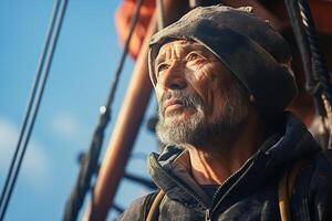 ai generado grave mayor asiático pescador en un sombrero con gris cabello, barba y arrugas, bizco y mirando dentro el cielo en un Embarcacion foto