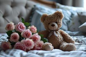 AI generated closeup cute toy teddy bear on soft bed with pink roses bouquet photo