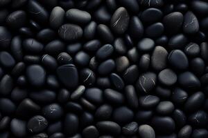 AI generated pebbles texture background, closeup black smooth stones photo