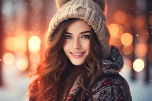 AI generated portrait of a smiling young caucasian woman with long wavy hair wearing a warm knitted hat on winter park blurred bokeh background photo