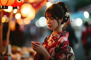 ai generado bonito asiático joven mujer en tradicional ropa yukata a festival siguiente a un calle comida estar foto