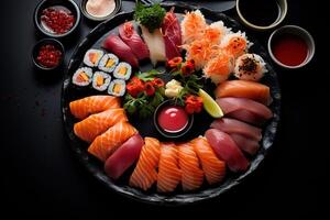 AI generated closeup big assorted set of delicious sushi and roll on plate on black background photo