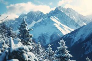 AI generated Beautiful snowy landscape. Snow lies on frozen fir and pine trees against a blurred background of snowy mountains. photo