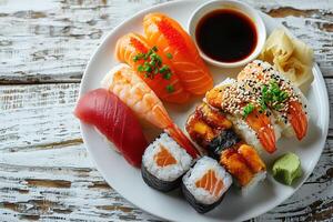 AI generated closeup assorted set of tasty appetizing sushi and roll on white plate top view in white wooden background photo