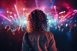 AI generated back view of a charming young woman in a jeans jacket among people dancing in a nightclub under neon lights photo