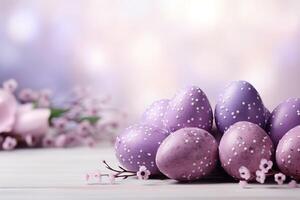 AI generated A pile of Easter eggs painted purple with a dotted pattern on a blurred background with a bouquet of purple flowers photo