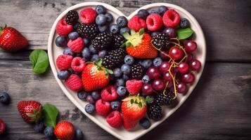 AI generated Top view of heart shaped bowl full of of fresh ripe berry mix on worn wooden table photo