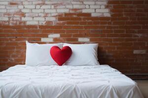 AI generated Romantic bedroom interior with heart shaped pillow on a huge bed against a loft brick wall photo