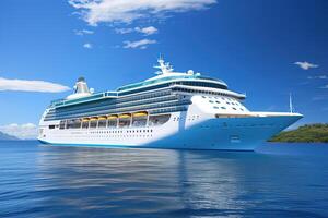 AI generated large modern white passenger cruise ship in the blue sea or ocean on a sunny day photo