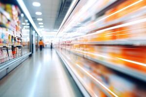 AI generated run through the supermarket past the refrigerator with drinks, shelves with food, blurred in motion photo