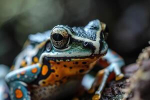 ai generado de cerca retrato de un azul y amarillo manchado salvaje rana sentado en hojas foto