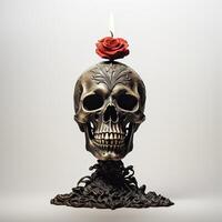 AI generated candlestick in the shape of a human skull with flowers and a burning candle on white background photo