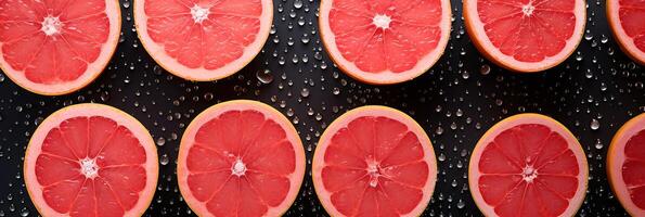 AI generated ripe fresh sliced red grapefruit in drops of water on black background top view banner photo