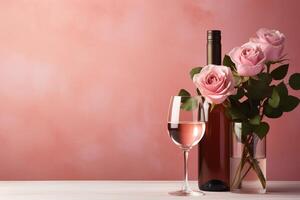 AI generated glass of wine with pink roses flowers in vase and bottle on pink background with copy space, romantic template design photo