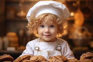 ai generado retrato de linda jengibre niña en un blanco del chef sombrero Cocinando en cocina en borroso antecedentes foto