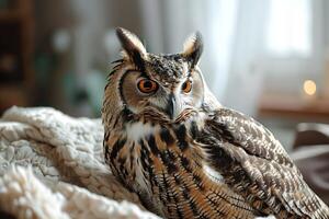 AI generated domestic owl in a cozy knitted blanket in living room photo